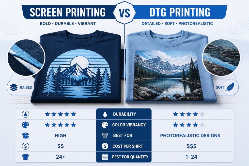 Two finished custom printed shirts displayed side-by-side on a table, one showing screen-printed design with raised texture and vibrant colors, the other showing DTG printed design with photorealistic detail and soft finish