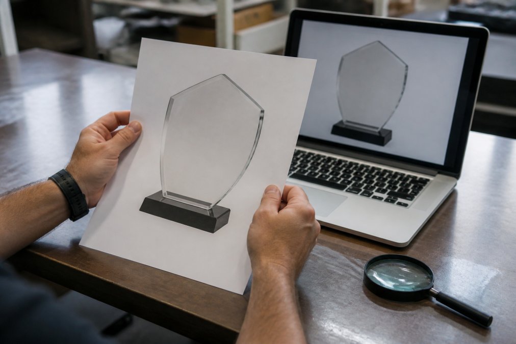 Close-up of hands holding a printed proof sheet next to a laptop screen showing an award design layout, with a magnifying glass resting on the table