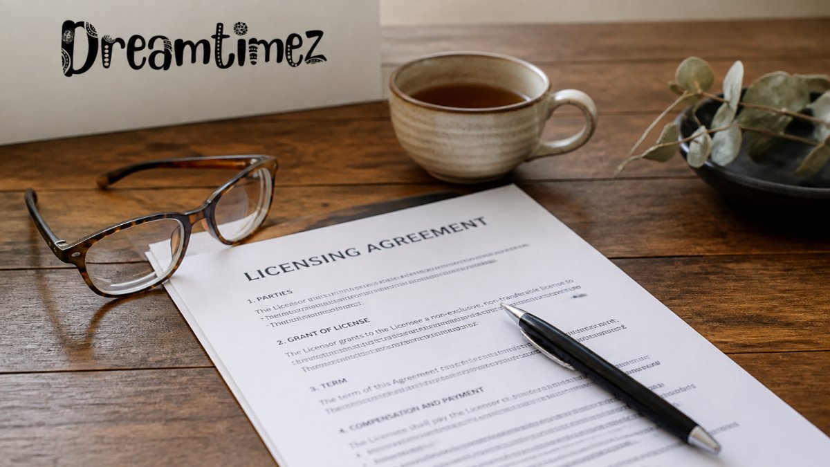 A close-up of a licensing agreement document on a wooden desk with a pen, reading glasses, and a cup of tea nearby, suggesting a careful review process