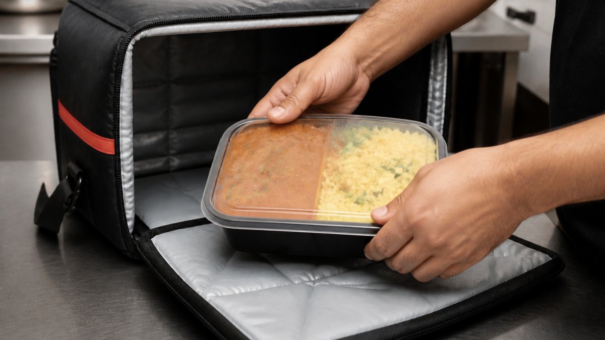 Close-up of hands placing a warm takeaway container into an insulated delivery bag with protective padding, showing the practical steps of securing the meal for transport