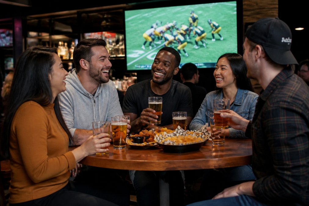Infographic illustrating group game day seating layouts at a sports bar with friends enjoying refreshments.