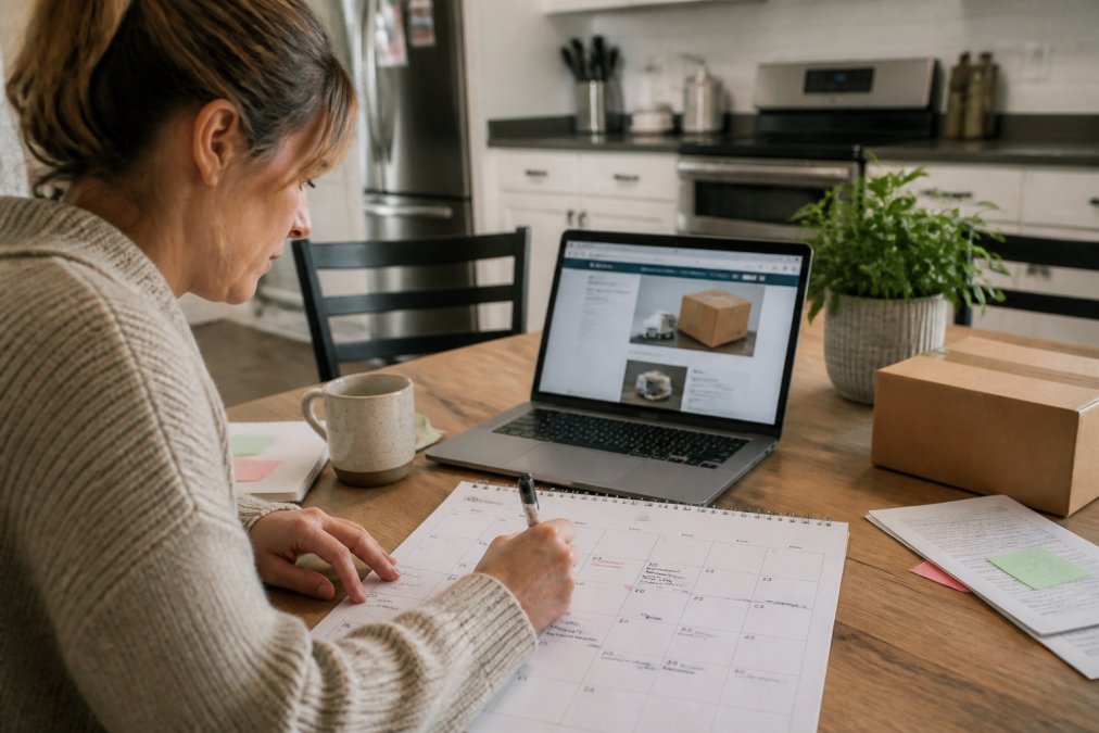 A person sitting at a kitchen table with a paper calendar, pen, and laptop open to a shipping website, marking dates and writing notes about gift delivery deadlines