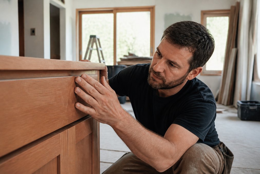 A carpenter's hands running along a freshly installed solid wood cabinet edge, checking the fit and finish in a bright home under renovation