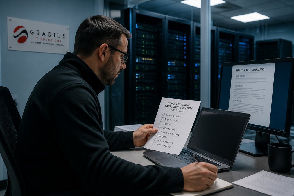How to Ensure HIPAA Compliance for IT: 2026 Guide 1 An IT administrator reviewing a security configuration checklist on a laptop in a server room, a printed healthcare compliance document visible on a second monitor, cool overhead lighting