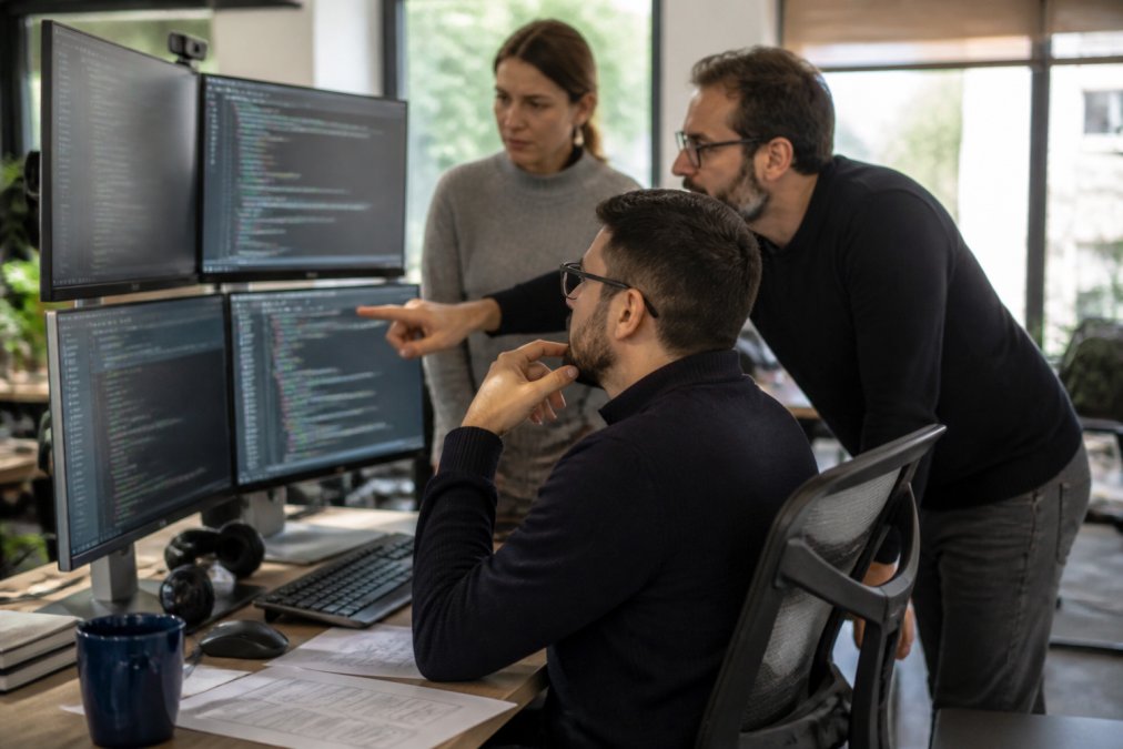 Software development team reviewing security protocols and code on multiple monitors in modern office environment, with team members collaborating on compliance documentation and architecture diagrams