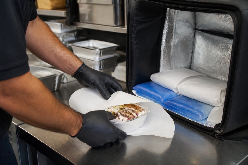 Hands carefully wrapping a foil container of hot Greek food with insulating paper, then placing it into a professional thermal delivery bag with reflective liners and gel packs