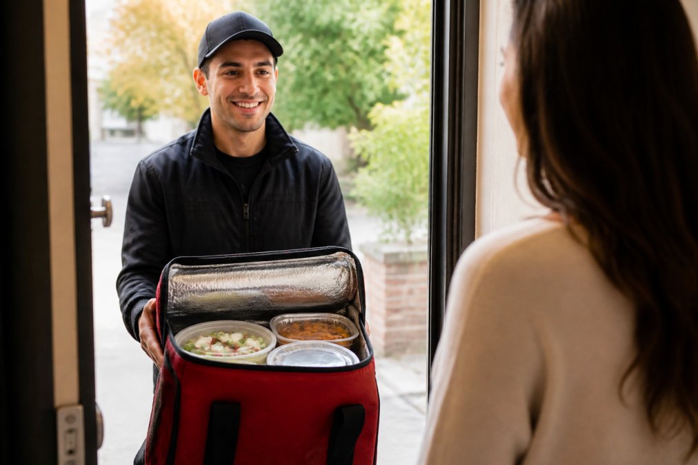 Customer opening their door to receive a thermal delivery bag from a driver, with fresh Greek food containers visible inside the insulated carrier