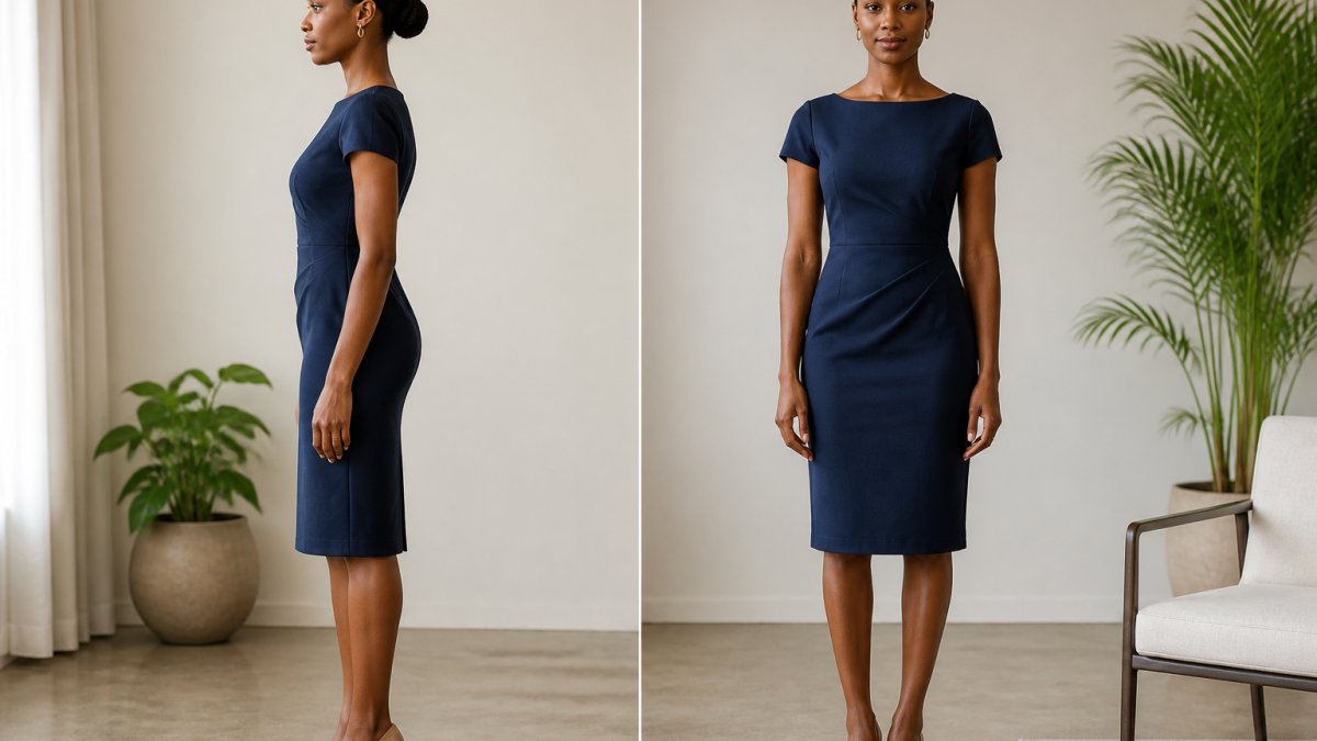 Diagram showing ideal dress fit with aligned shoulder seams, a defined waist, and balanced hip proportions.