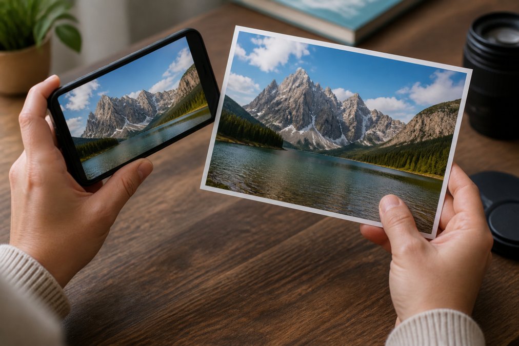 Hands comparing a smartphone screen to a physical print to check photo quality and image resolution levels.