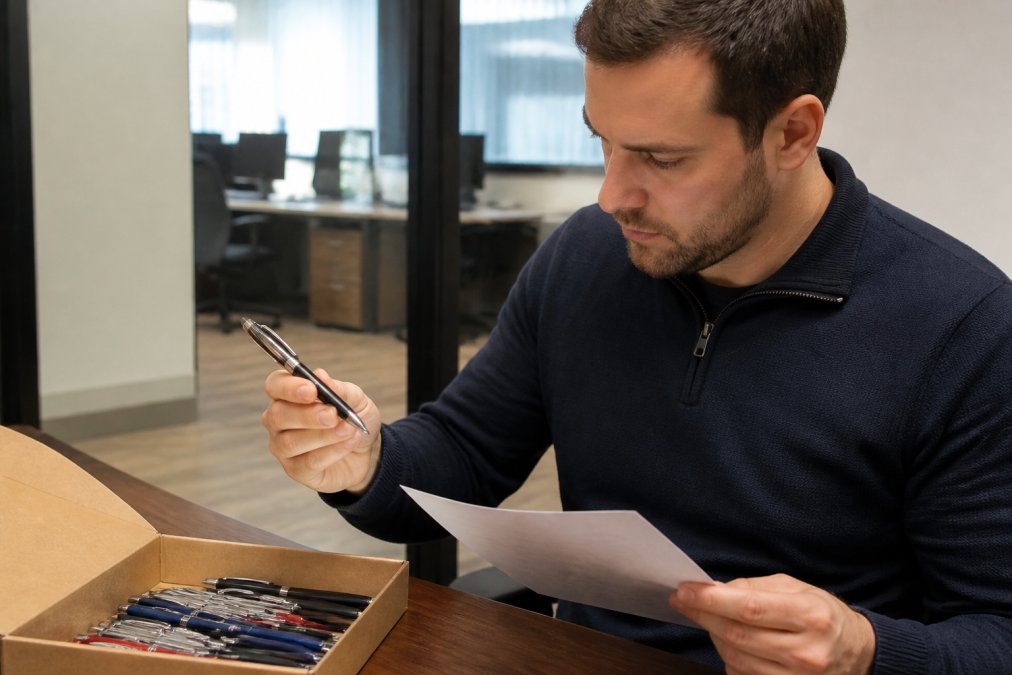 Professional examining branded promotional pen closely, inspecting print quality and material durability under bright office lighting while holding quality checklist