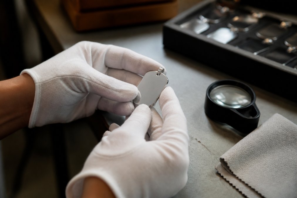 Hands wearing cotton gloves inspect a laser-engraved steel pendant with a magnifying loupe on a workbench.