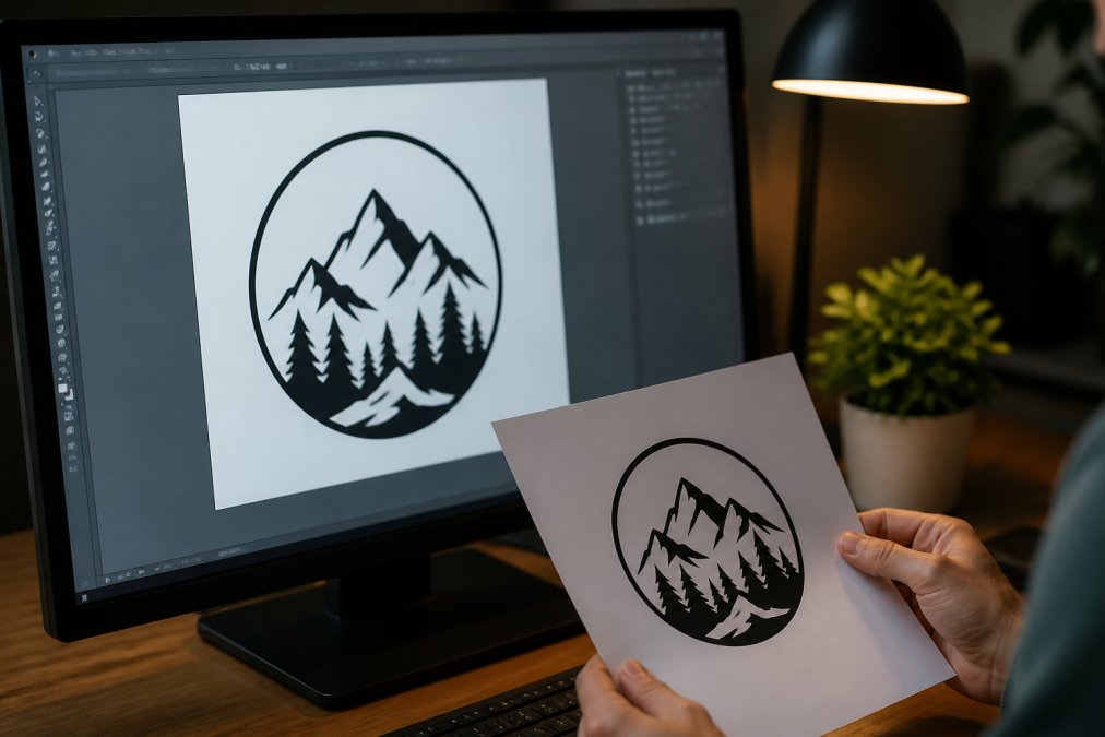 Close-up of a computer screen showing a vector logo file open in design software next to a printed proof on a desk, warm desk lamp lighting