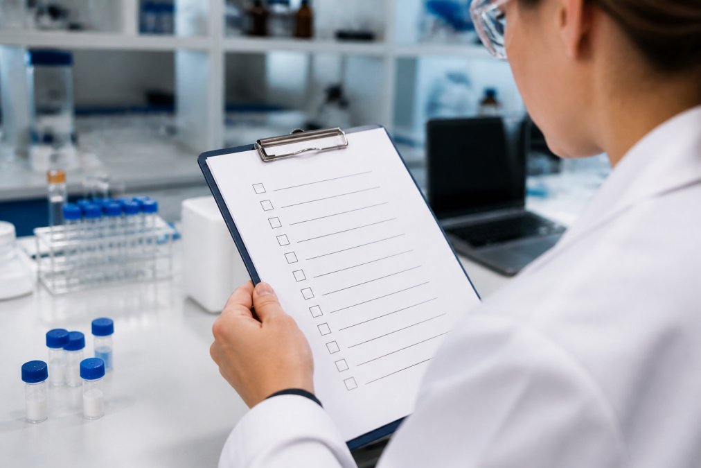 A researcher in a white lab coat reviewing a printed compliance checklist on a clipboard inside a modern laboratory, with sample vials and a laptop blurred in the background