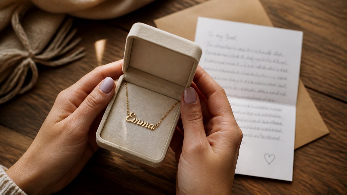 Close-up of hands holding a personalized name necklace in a soft touch gift box with a handwritten note nearby on a wooden table