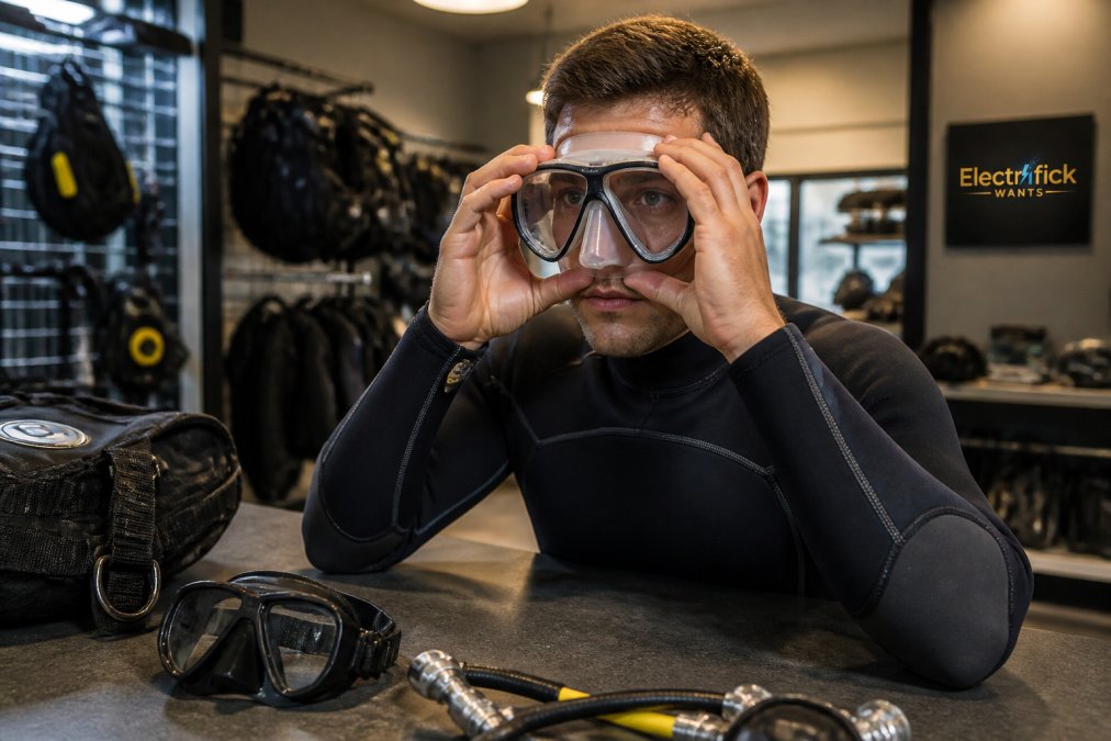 Scuba diver testing the seal of a silicone mask to ensure proper scuba gear fit at a dive shop counter