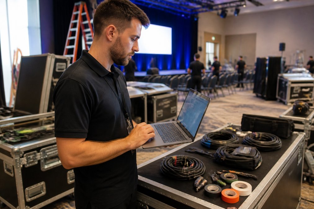 A technician in a professional setting holding a laptop displaying a network speed test interface, with a venue background showing a stage and seating area being prepared for an event