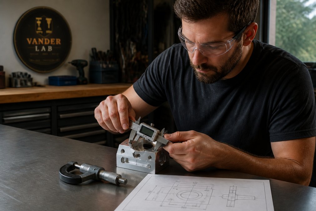 Machinist using digital calipers to verify tight tolerances on a machined aluminum part in a workshop