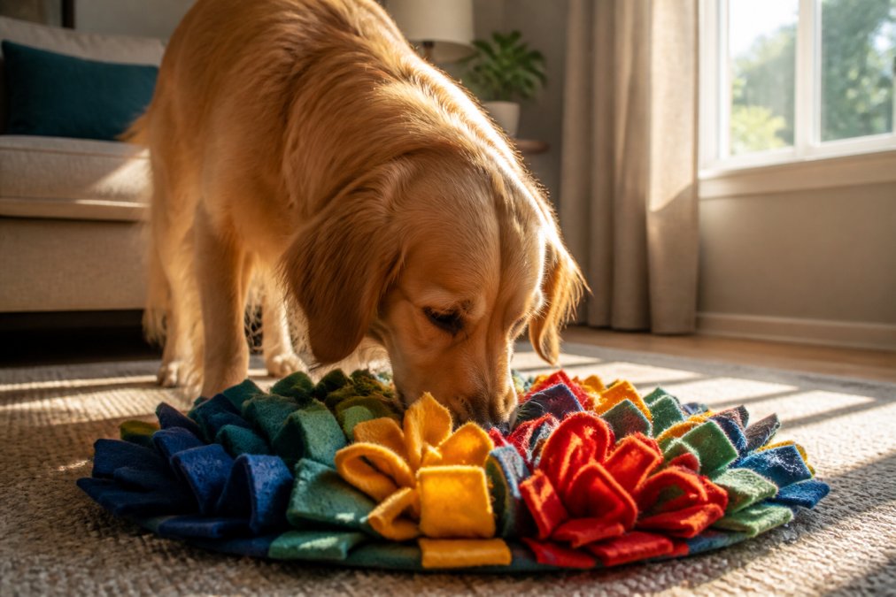 A happy golden retriever using its nose to sniff out treats hidden in a colorful snuffle mat on a living room floor, warm afternoon sunlight streaming through a window