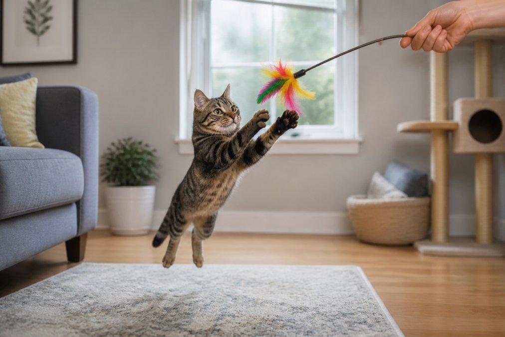 Tabby cat mid-pounce on a colorful feather wand toy held by a person's hand in a bright living room with cat furniture visible in background