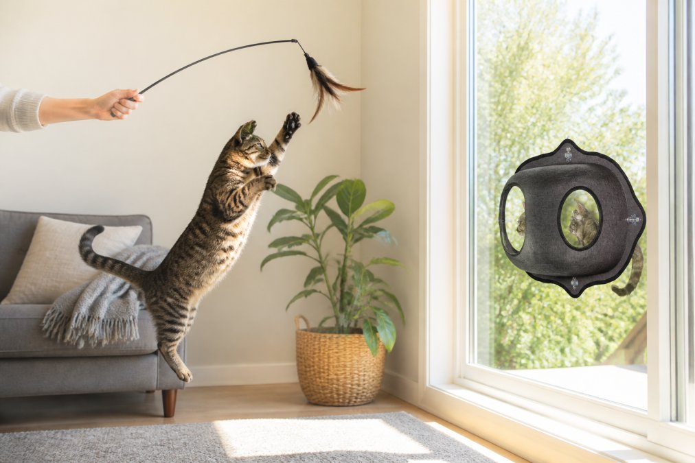A tabby cat mid-leap chasing a feather wand toy held by a person's hand, captured in a bright living room with warm natural light streaming through a large window