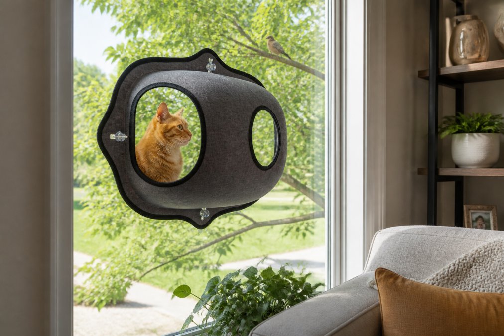 A sleek orange cat sitting inside a clear bubble-style window pod mounted on a sunny window, gazing at birds perched in a tree outside, cozy home interior visible in the background