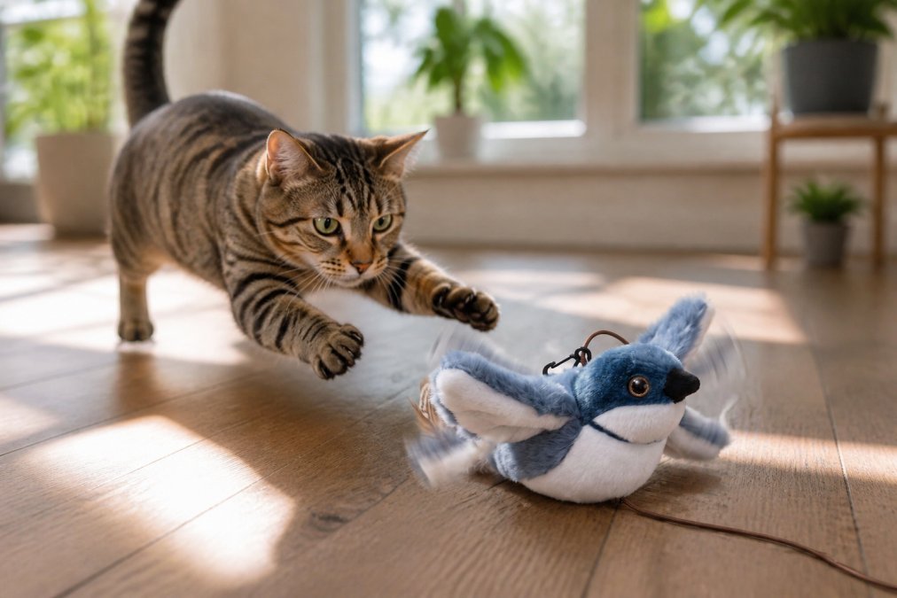 Indoor cat pouncing on a flapping bird toy on a hardwood floor with focused eyes and extended paws mid-attack, natural daylight streaming through windows