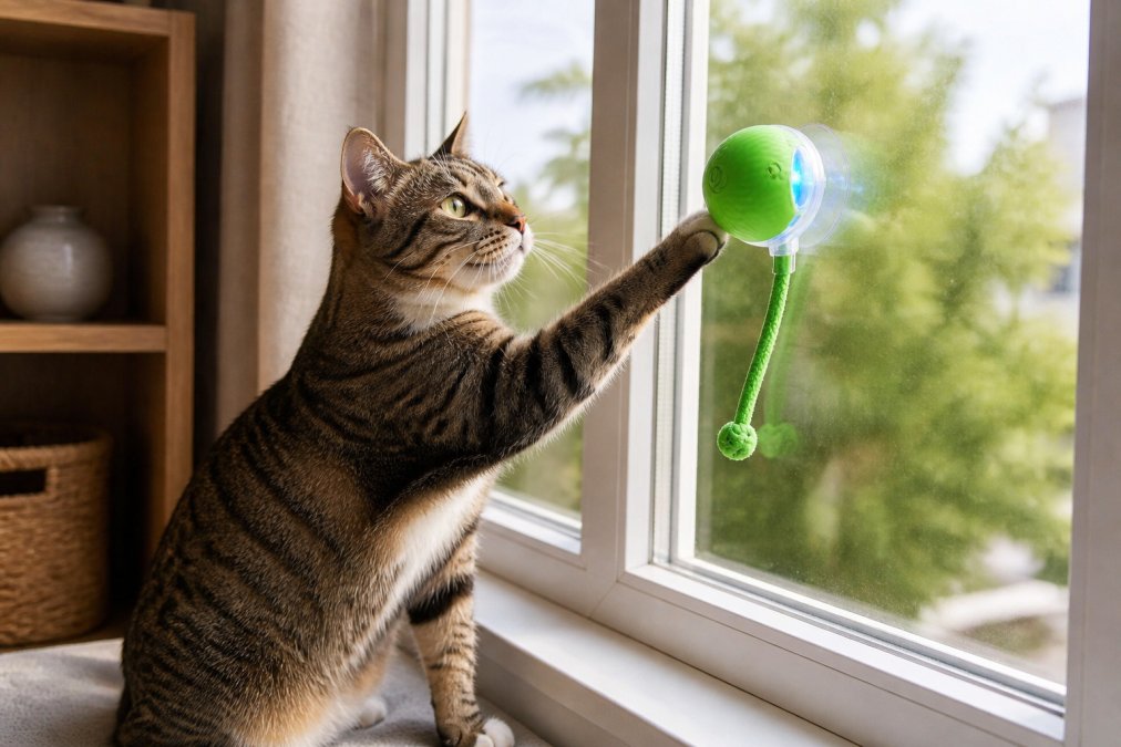 Tabby cat playing with a suction cup toy attached to a window, looking alert and engaged during interactive play with natural outdoor light visible behind glass