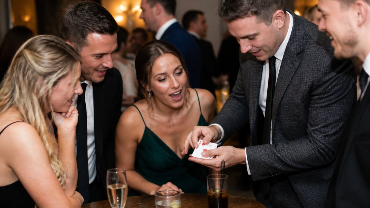 Professional magician performing close-up card magic at a wedding reception table, guests leaning in with engaged expressions and smiles, warm ambient lighting from reception venue