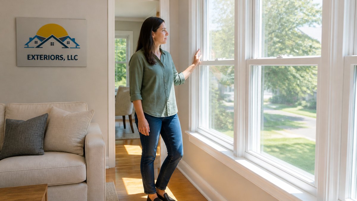 Homeowner standing by a bright living room window, representing average energy savings from new windows