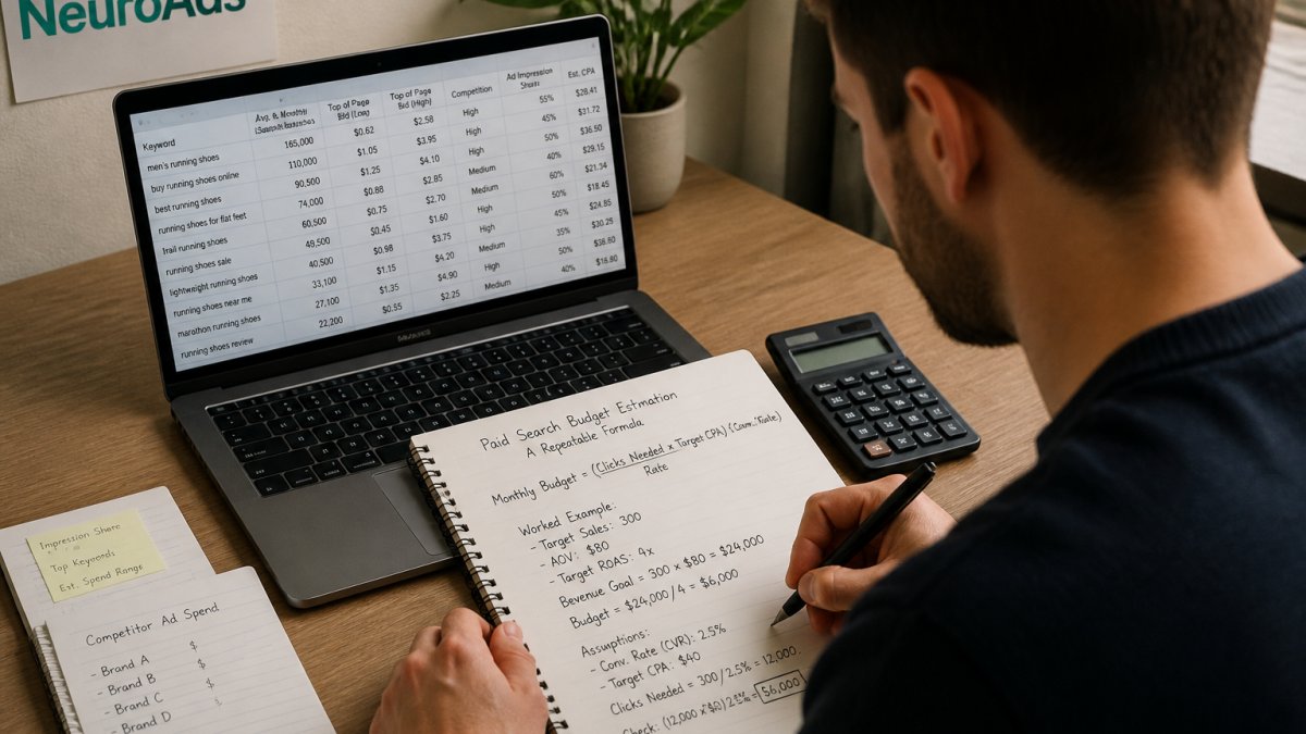 Media manager using a calculator to calculate competitor ad spend based on keyword data and formulas.