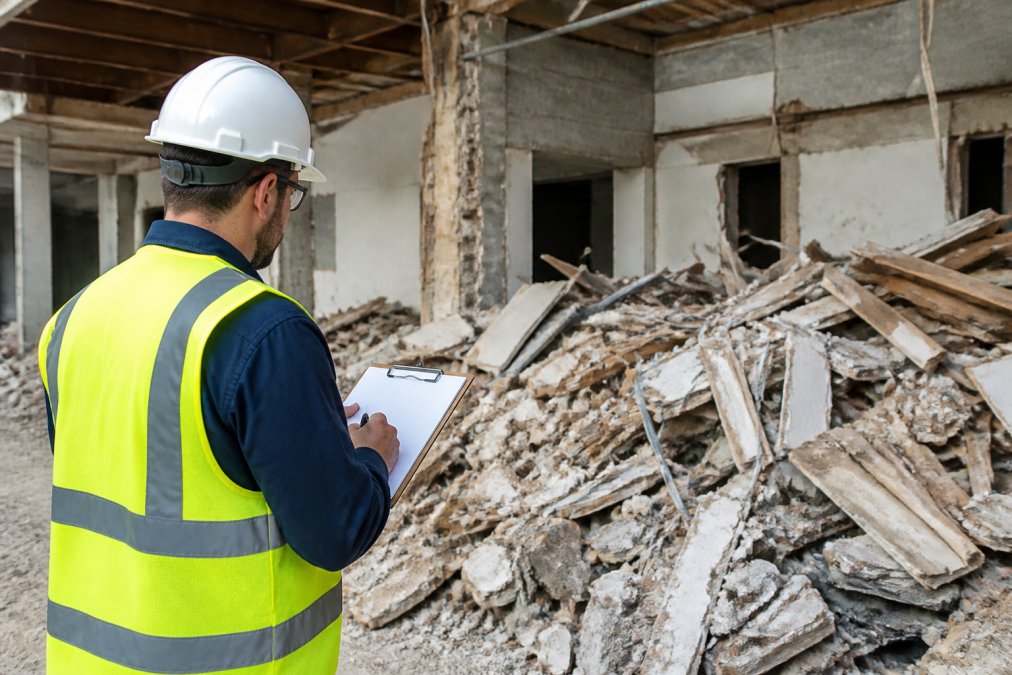 Site manager inspecting construction waste volume during a material characterization audit at a demolition site