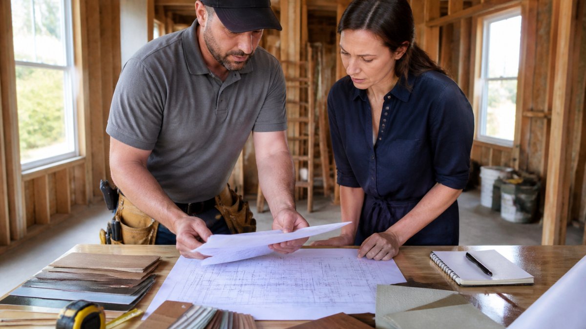Contractor and homeowner reviewing blueprints and cost estimate documents together at a construction site, with material samples and measurements visible on the table, natural daylight coming through windows