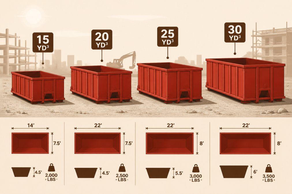 Multiple roll-off dumpsters of varying sizes lined up side by side on a construction site, showing the visual scale difference between 15-yard, 20-yard, 25-yard, and 30-yard containers positioned on gravel with morning sunlight casting shadows