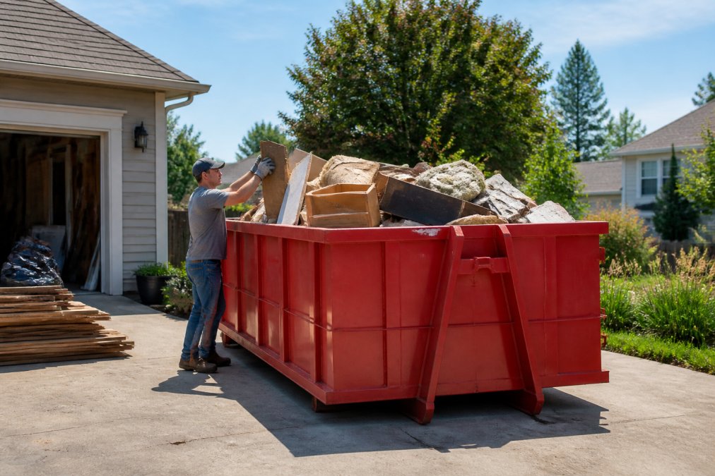 A residential driveway with a 15-yard dumpster filled with mixed household items, construction debris, and renovation materials during an active cleanout project, with a homeowner loading items on a sunny afternoon