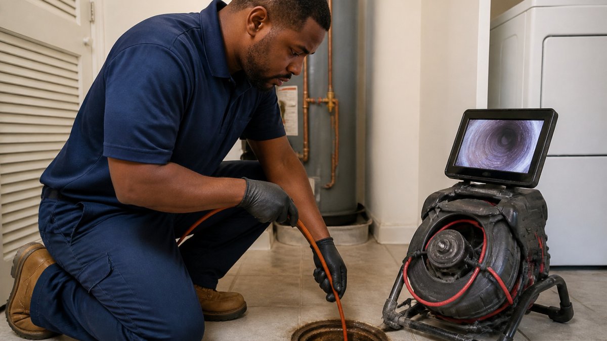 Plumber using a sewer camera for leak detection to prevent burst pipe repair needs by inspecting interior lines.
