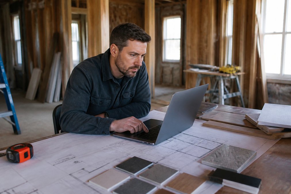 Investor reviewing a bridge loan renovation costs spreadsheet and blueprints at a construction site