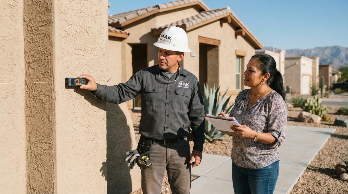 A contractor in a hard hat using a laser distance measurer against the exterior wall of a single-story home in El Paso, with bright desert sunlight casting sharp shadows