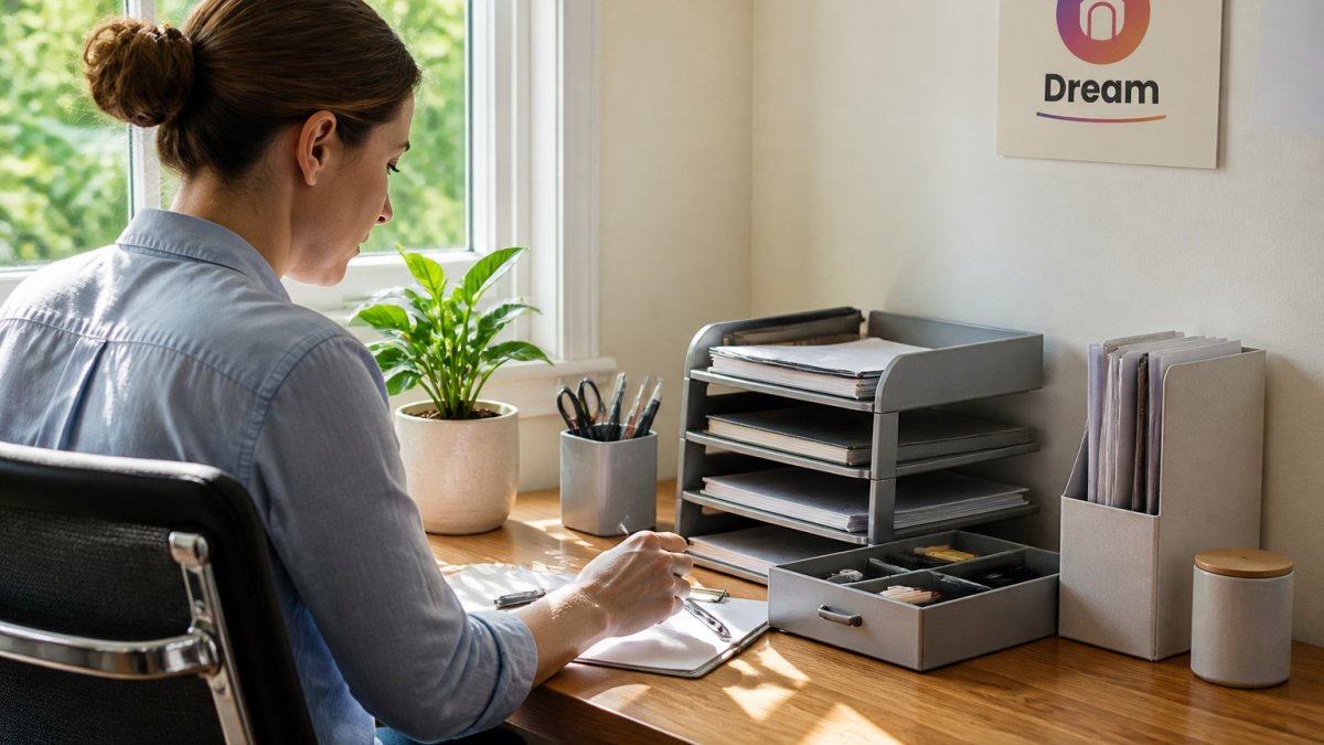 Stackable desk organizers and a pen holder on a wooden desk in a sunny home office corner