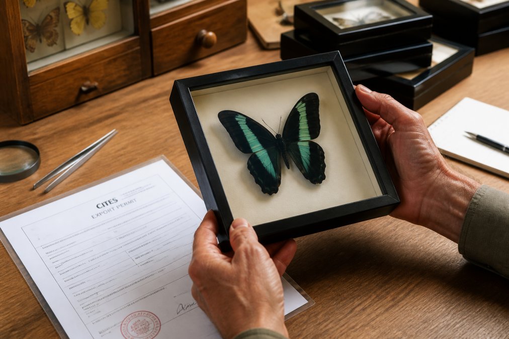 Hands carefully examining a framed butterfly specimen in a black shadow box, with a CITES export permit document visible on a wooden desk nearby, suggesting careful verification