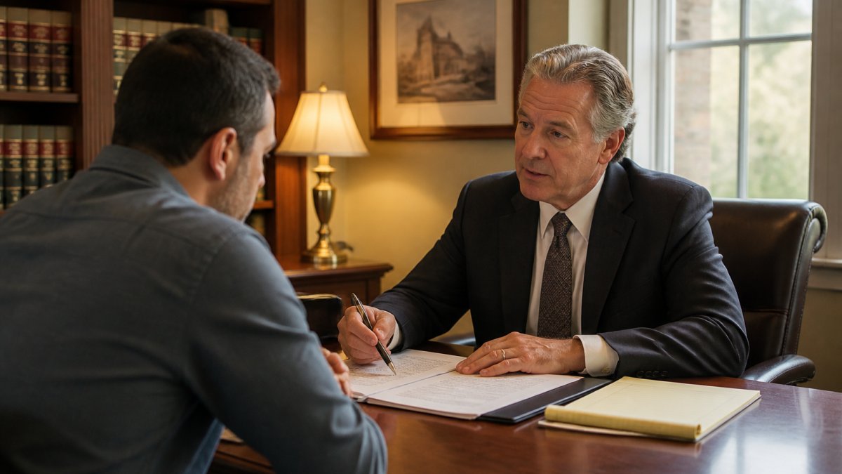A defense attorney and client sitting across a wooden desk in a private office, reviewing documents and taking notes, warm lamp light, focused discussion