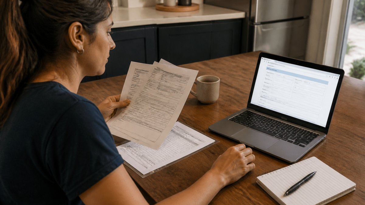 A homebuyer at a kitchen table reviewing printed property records and a laptop showing a county recorder website, with a notepad and pen nearby
