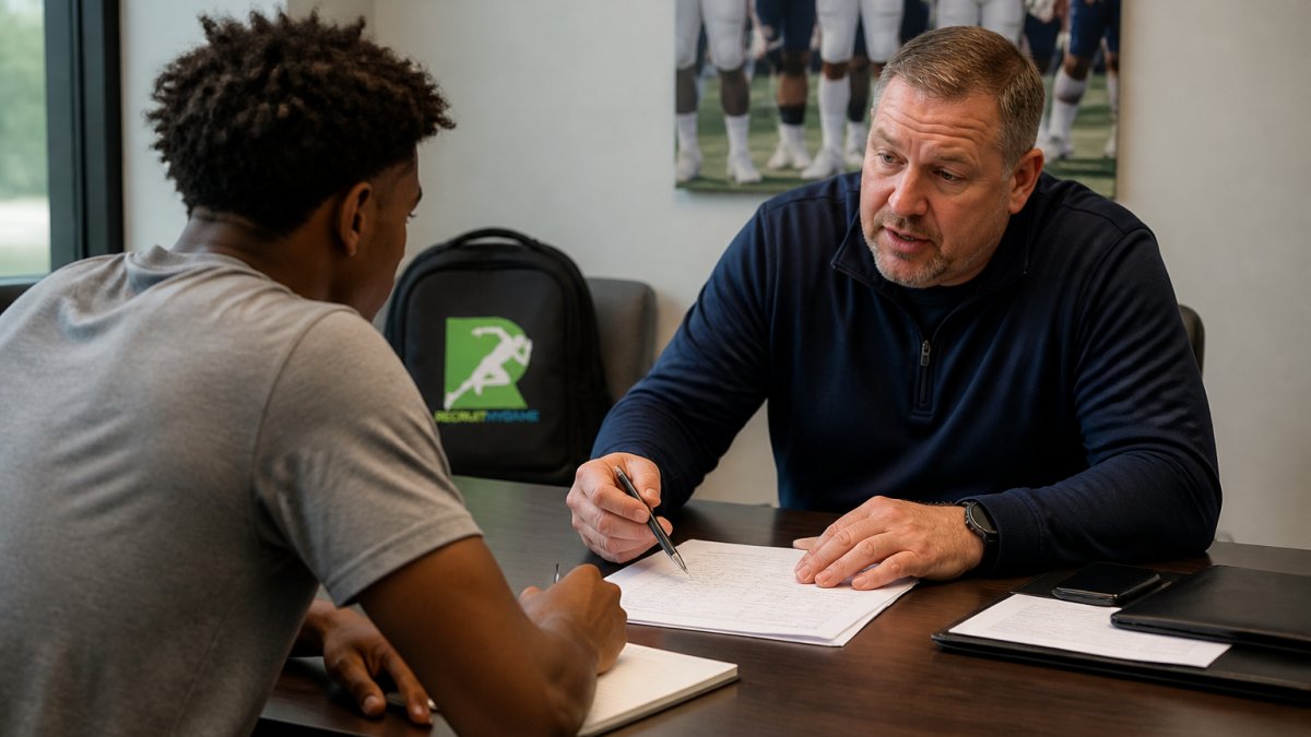 Student-athlete sitting across from college coach at recruiting table during campus visit, reviewing scholarship documents and taking notes during conversation