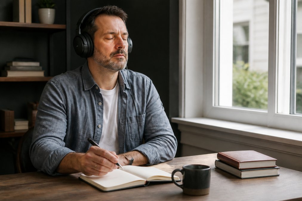 Person wearing headphones and taking notes during an audiobook narration evaluation session