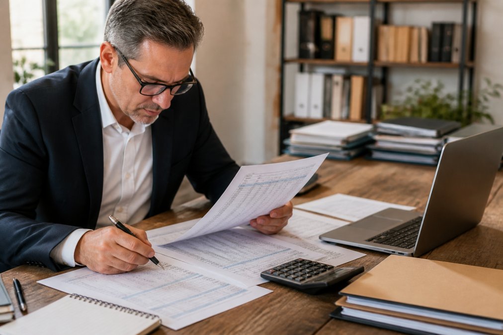 Business professional in business attire reviewing multiple financial statements and balance sheets at a wooden desk with a calculator, laptop, and organized documents under warm office lighting
