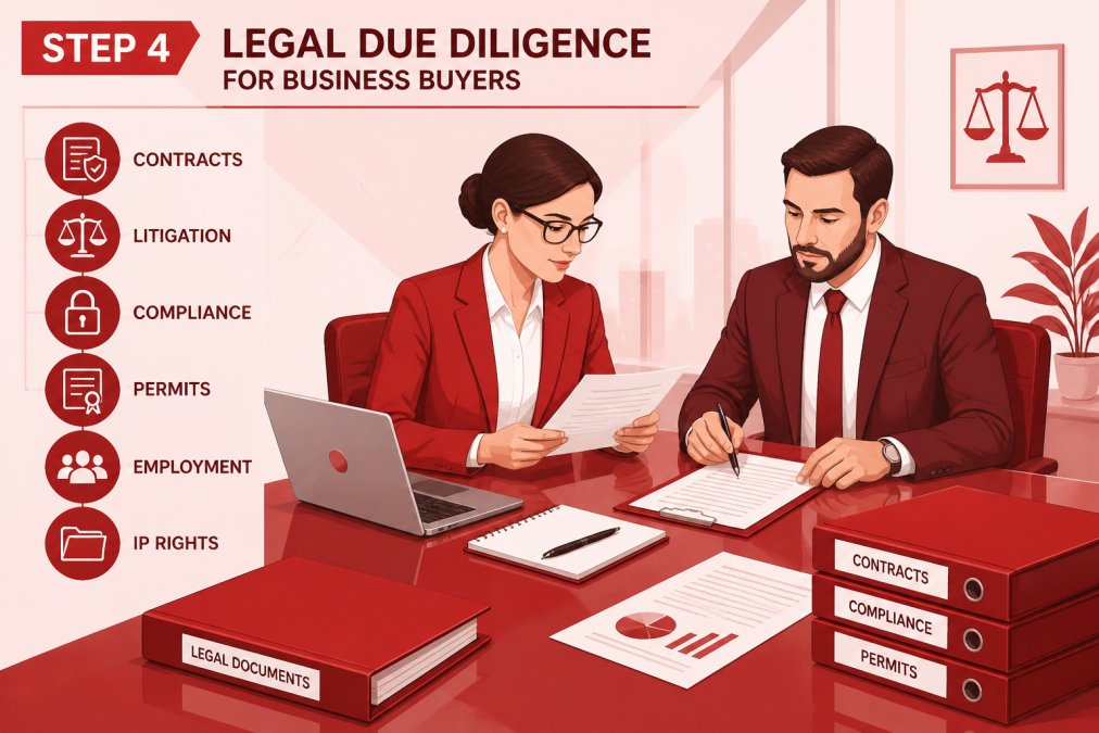 Two business professionals in a modern conference room reviewing contracts and legal documents at a polished table with a laptop, notepad, and organized file folders under professional office lighting