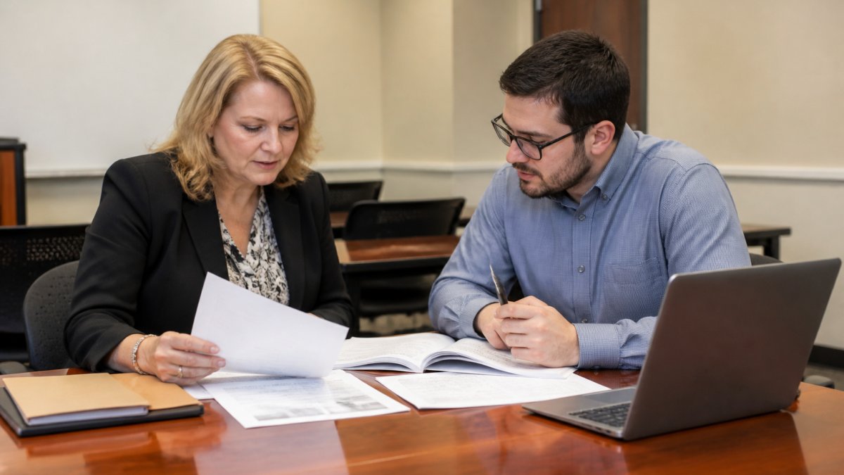 A department chair and a business instructor reviewing printed evaluation summaries and course materials together at a conference table, with a laptop open to a class roster