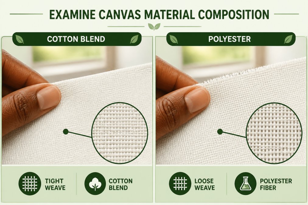 Close-up of hands touching and comparing different canvas fabric textures side by side, cotton blend showing a tighter, more uniform weave versus polyester showing a looser, more synthetic appearance, under natural window lighting