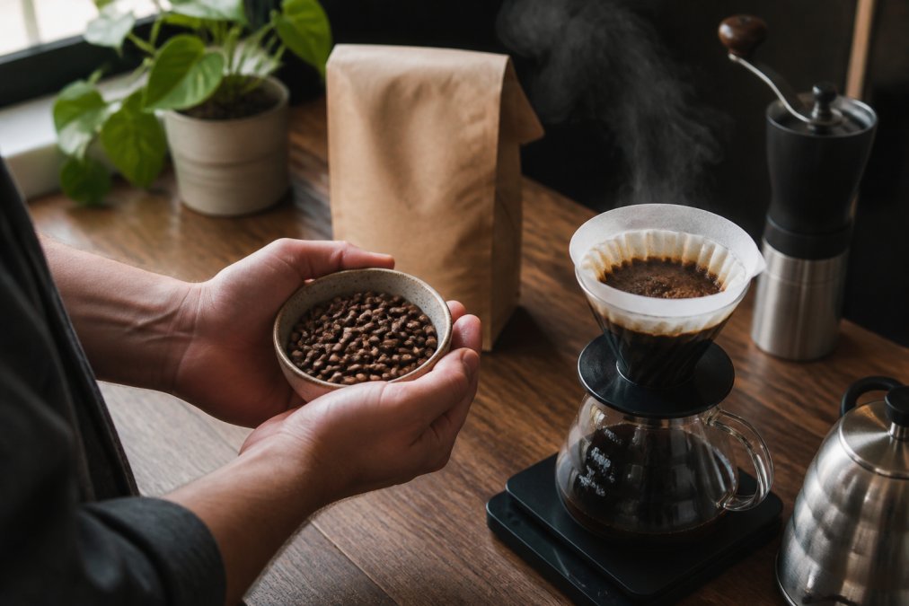 Hands holding fresh coffee beans near a steaming pour-over coffee setup on a wooden kitchen counter