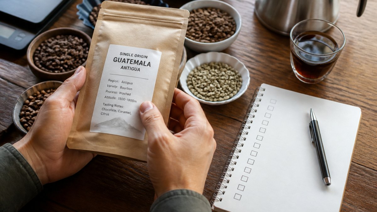 Hands holding a coffee sample pack showing origin information, with a checklist and pen on a wooden table surrounded by specialty coffee beans in small bowls