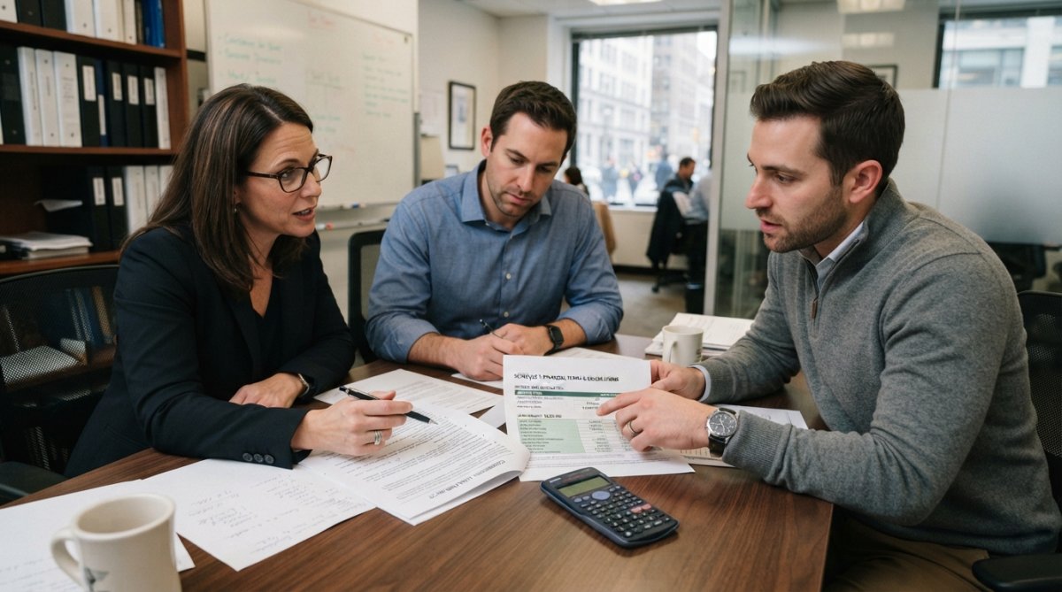Business professional in business casual attire reviewing a detailed loan term sheet document at a wooden desk, with a calculator, notepad with notes, and laptop visible, concentrated analytical expression, natural office lighting from nearby window